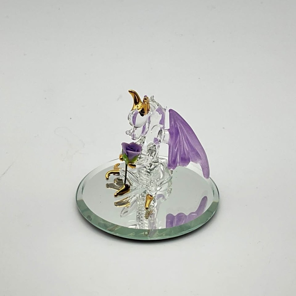 Glass Baron 1998 Mini Glass Dragon Smelling Purple Rose 2" Figurine Vintage